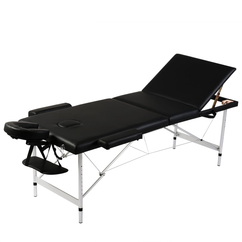 Sort sammenfoldeligt massagebord, 3 zoner med aluminiumsramme