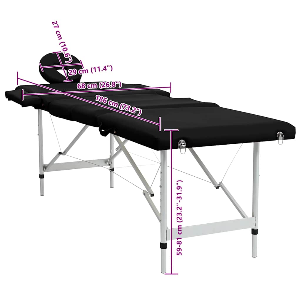massagebord foldbart 4 zoner aluminiumsstel sort