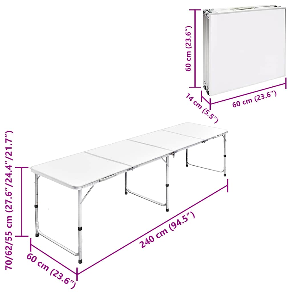 sammenklappeligt campingbord justérbart aluminium 240 x 60 cm