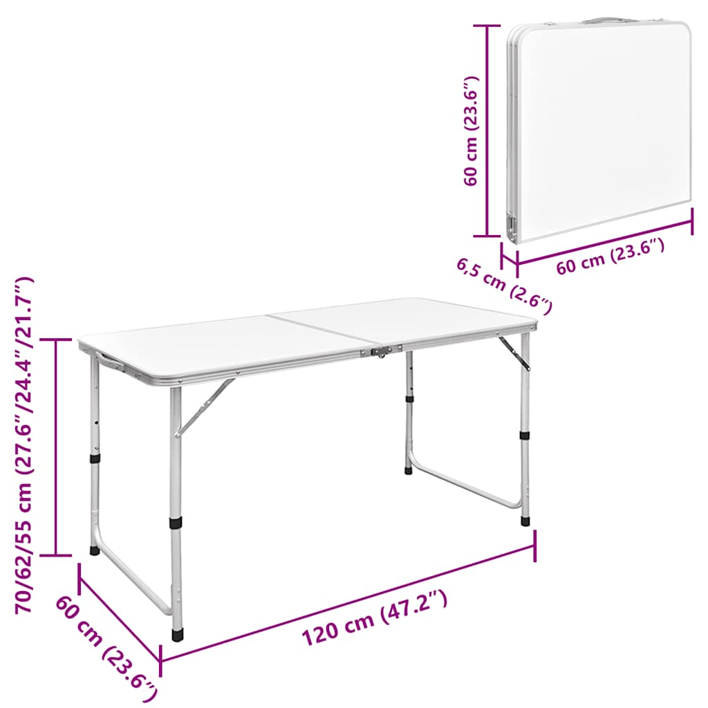 campingbord og 4 klapstole højdejustérbart 120 x 60 cm
