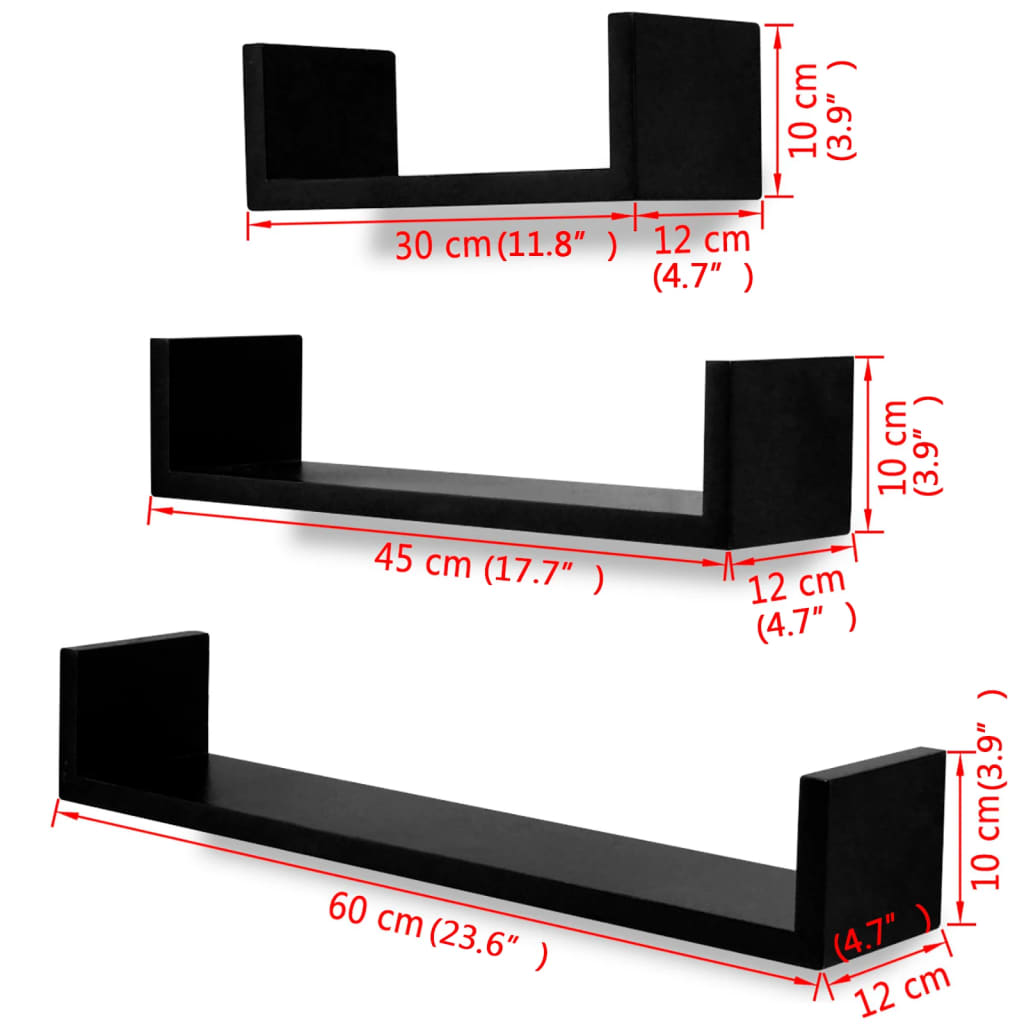 væghylder 3 stk. U-facon MDF sort