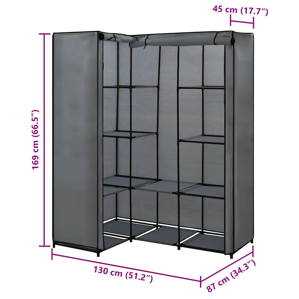 hjørneklædeskab 130 x 87 x 169 cm grå