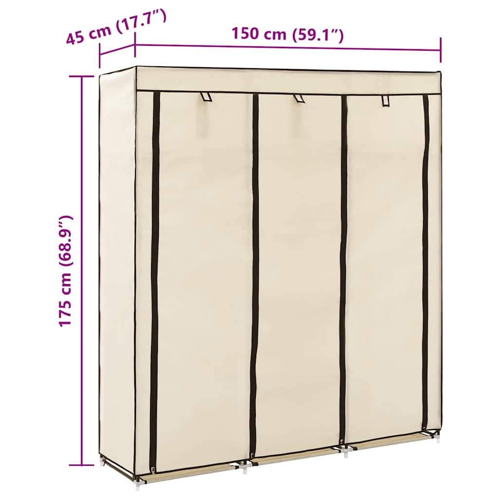 klædeskab med rum og tøjstænger 150 x 45 x 175 cm stof creme