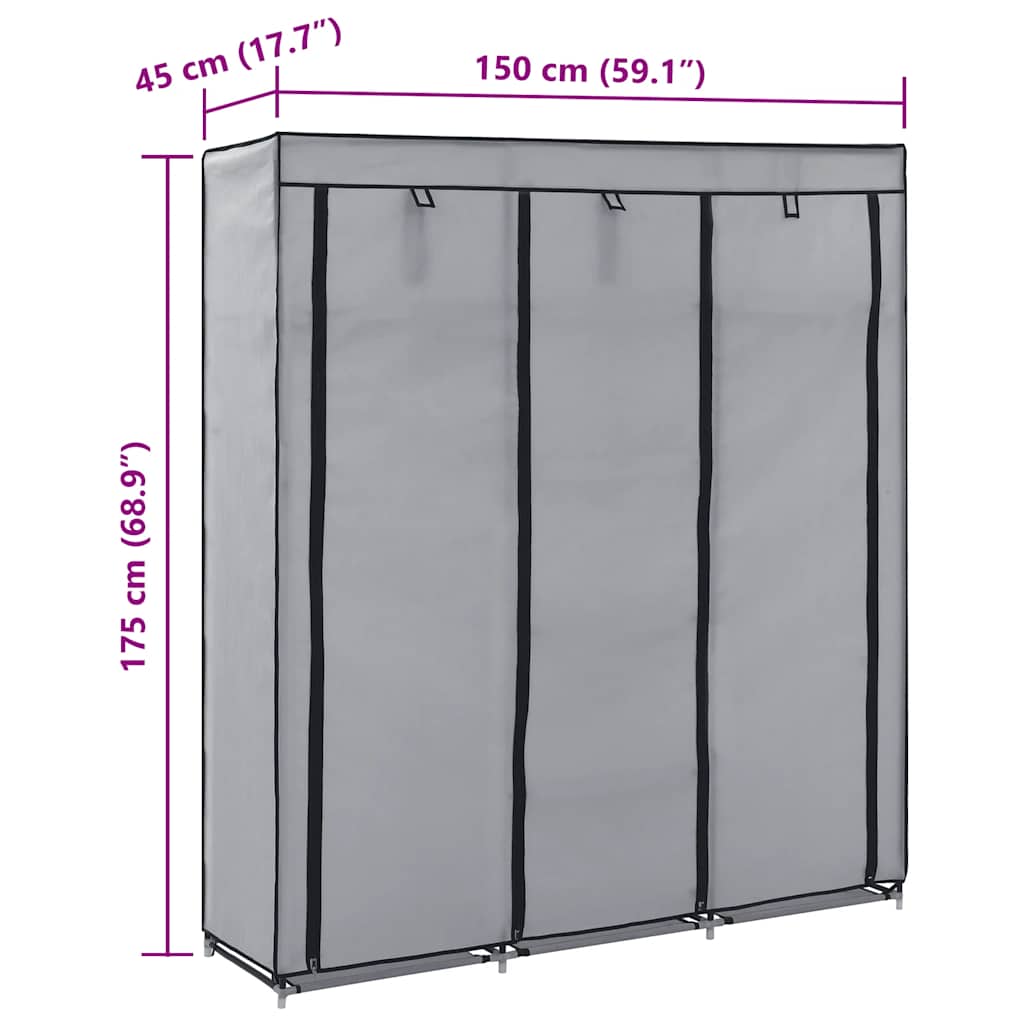 klædeskab med rum og tøjstænger 150 x 45 x 175 cm stof grå