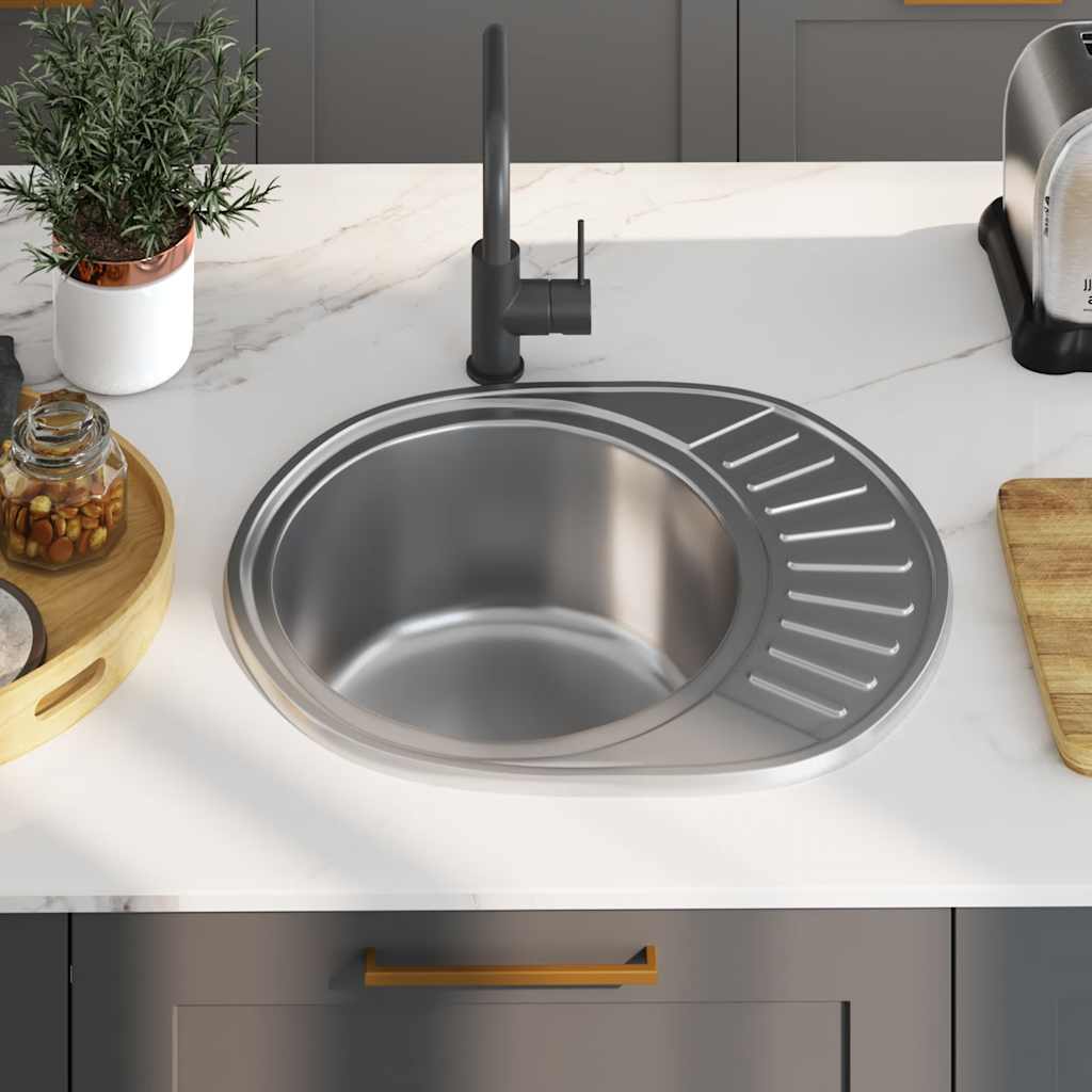 køkkenvask med strainer og vandlås oval rustfrit stål