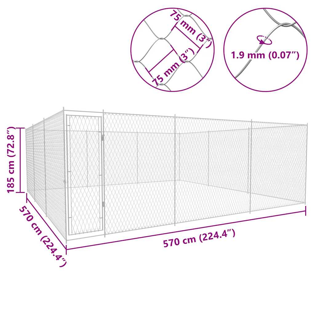 udendørs hundeløbegård galvaniseret stål 570x570x185 cm