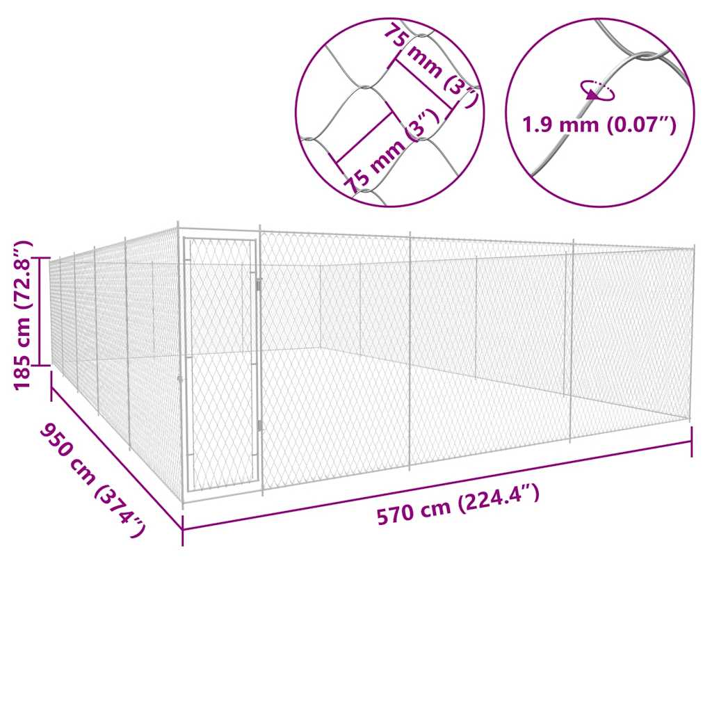 udendørs hundeløbegård galvaniseret stål 950x570x185 cm