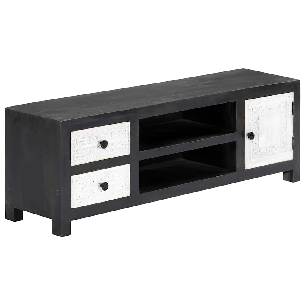 tv-bord 120x30x40 cm håndskåret massivt mangotræ grå og hvid