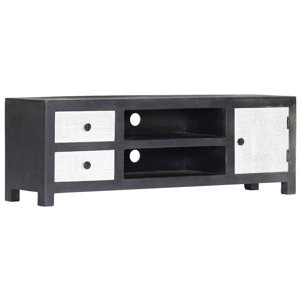 tv-bord 120x30x40 cm håndskåret massivt mangotræ grå og hvid