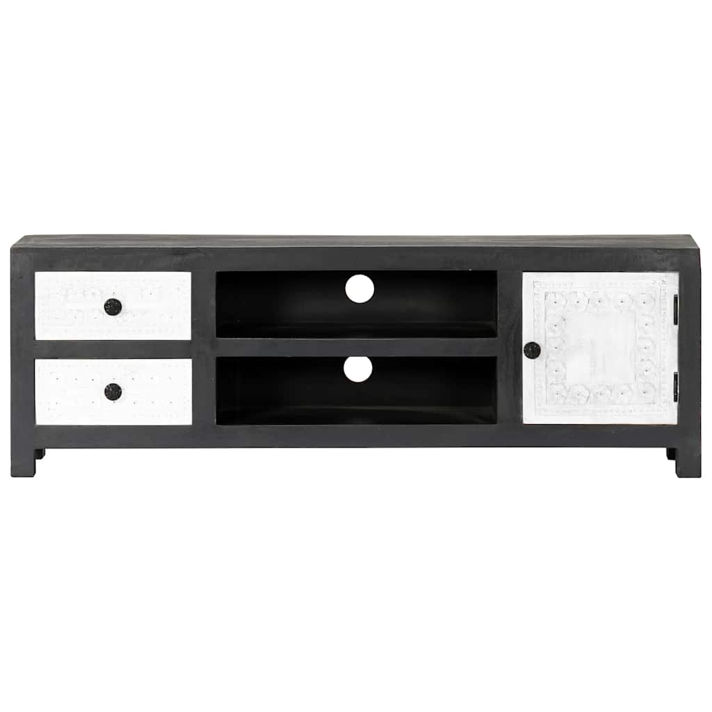 tv-bord 120x30x40 cm håndskåret massivt mangotræ grå og hvid