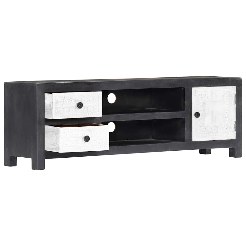 tv-bord 120x30x40 cm håndskåret massivt mangotræ grå og hvid