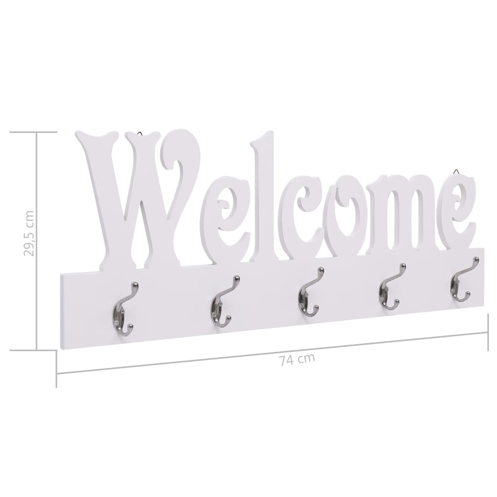 vægophængt knagerække WELCOME 74 x 29,5 cm hvid