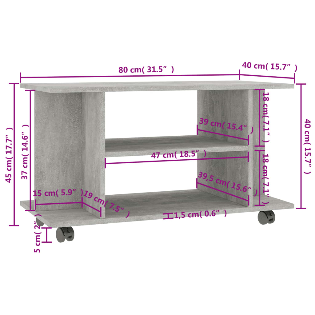 tv-skab med hjul 80x40x45 cm konstrueret træ betongrå