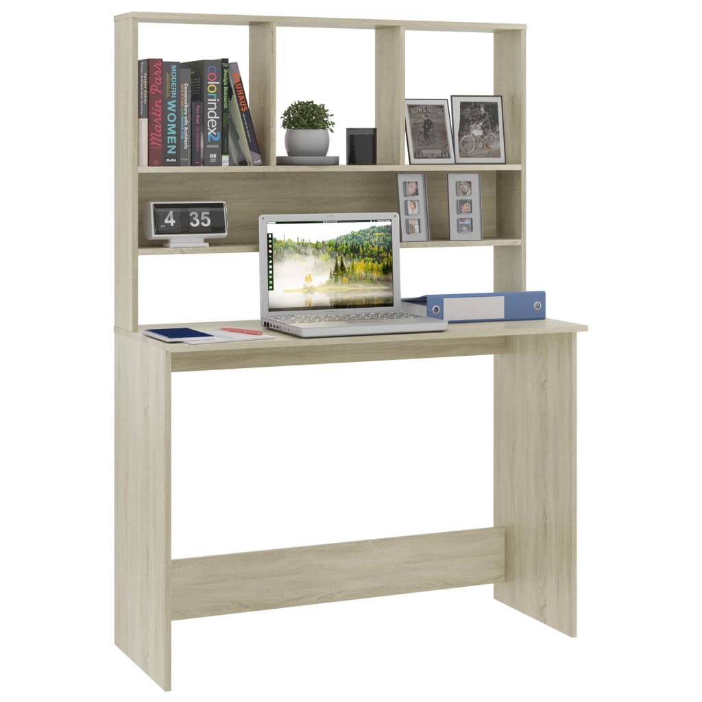 skrivebord m. hylder 110x45x157 cm konstrueret træ sonoma-eg