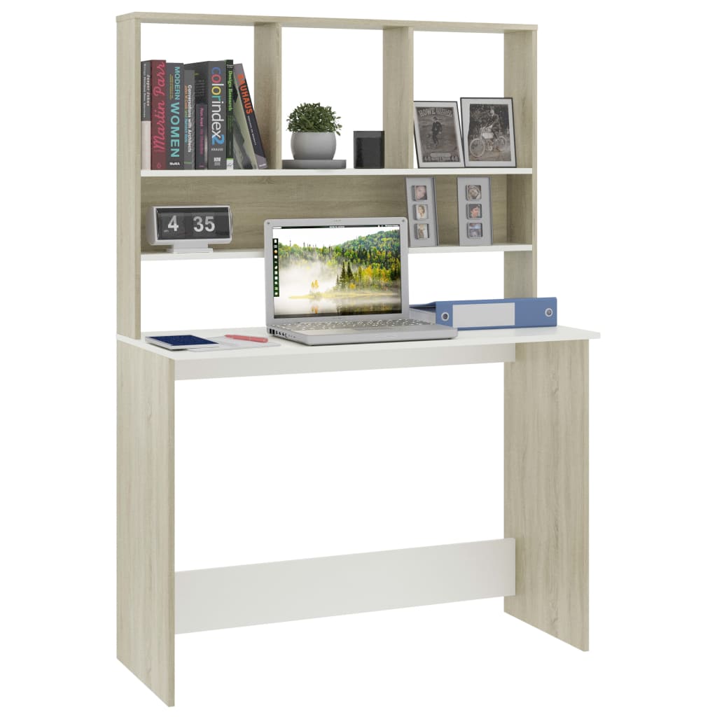 skrivebord med hylder 110 x 45 x 157 cm spånplade hvid sonoma-eg