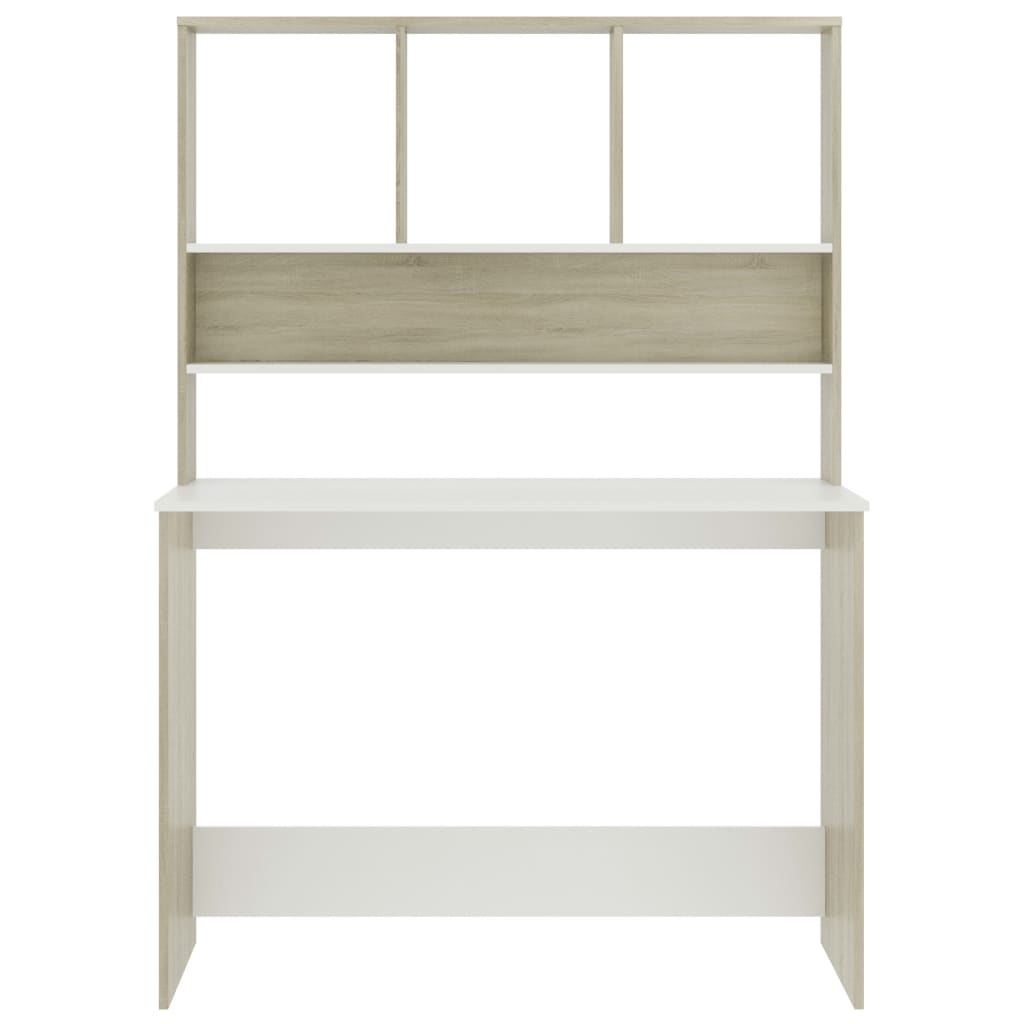 skrivebord med hylder 110 x 45 x 157 cm spånplade hvid sonoma-eg