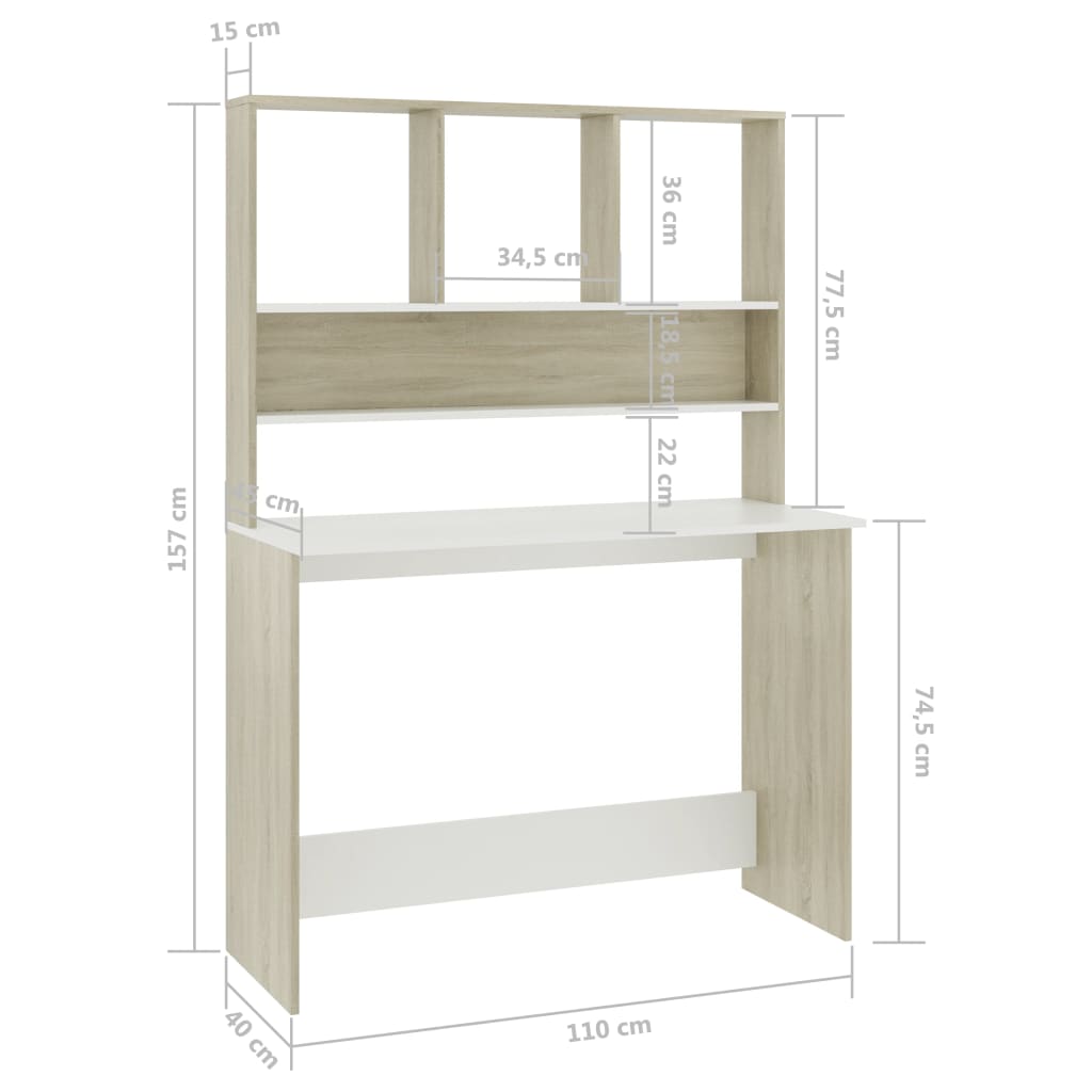 skrivebord med hylder 110 x 45 x 157 cm spånplade hvid sonoma-eg