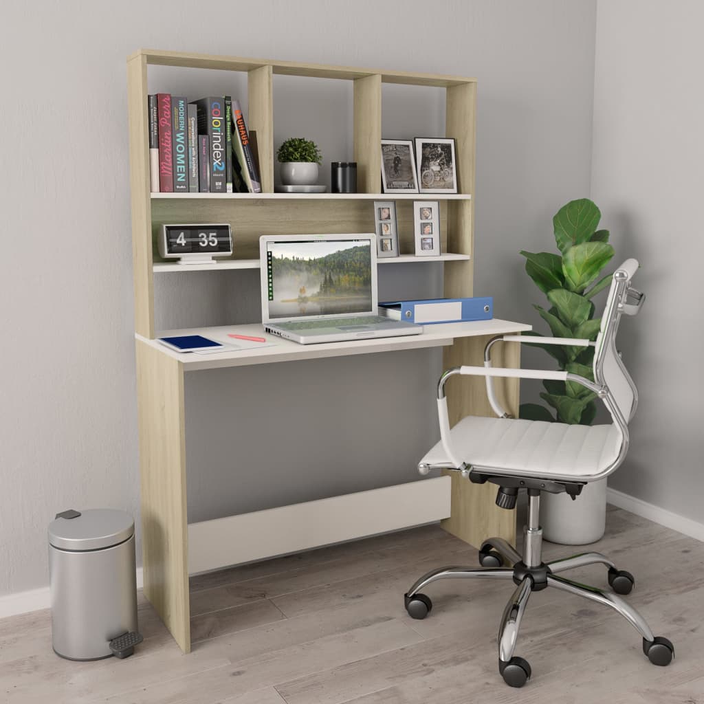 skrivebord med hylder 110 x 45 x 157 cm spånplade hvid sonoma-eg