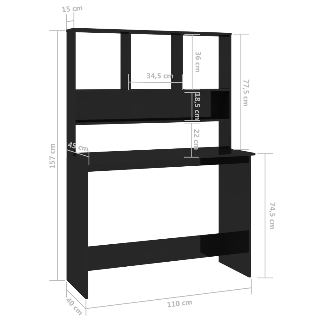 skrivebord m. hylder 110x45x157cm konstrueret træ sort højglans
