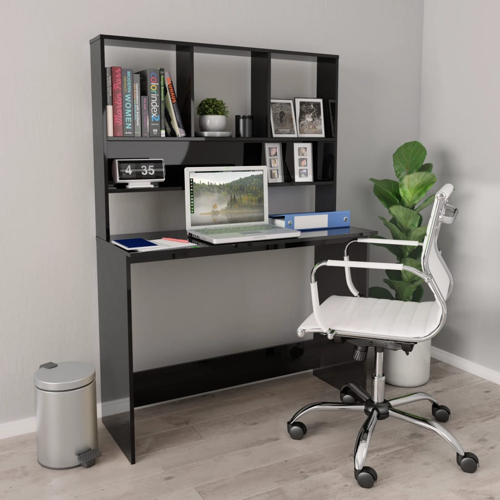 skrivebord m. hylder 110x45x157cm konstrueret træ sort højglans