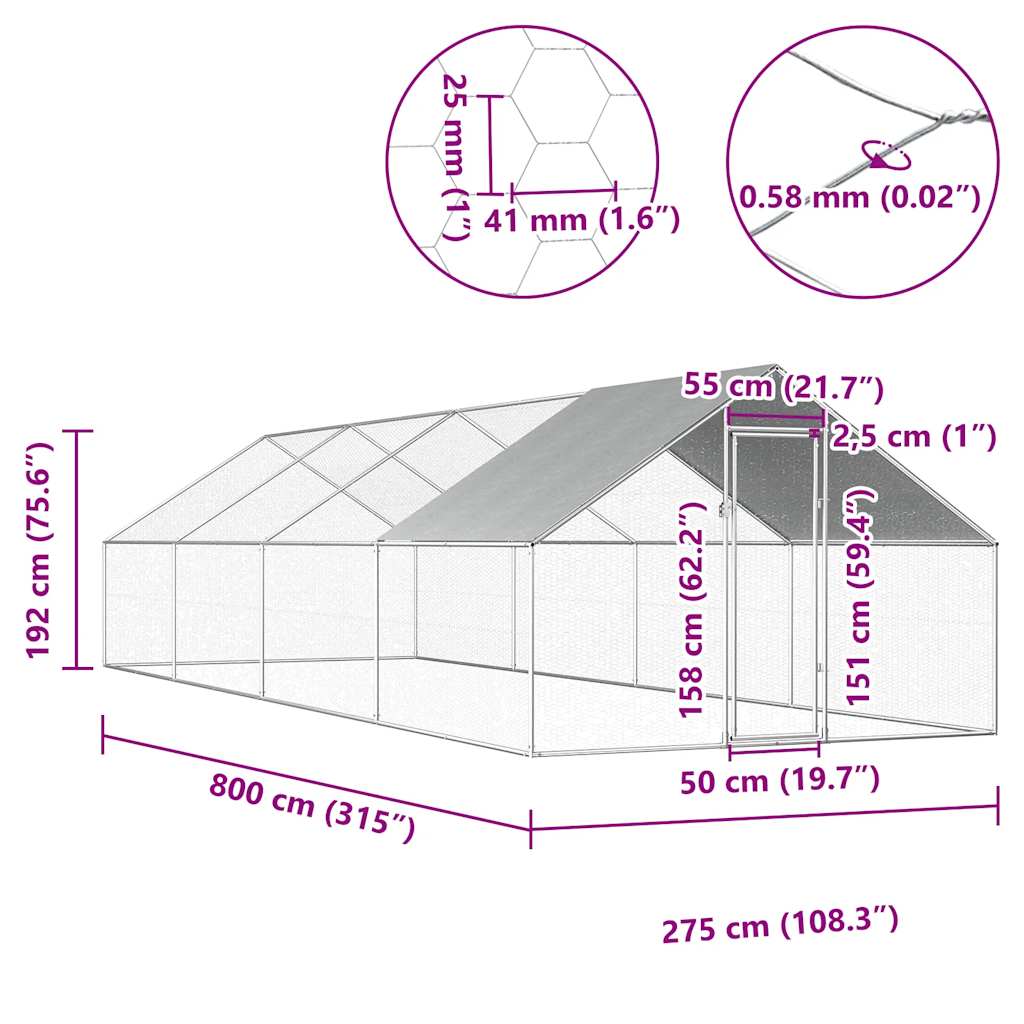udendørs hønsebur 2,75x8x1,92 m galvaniseret stål