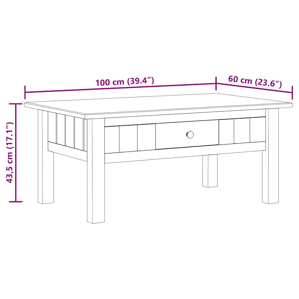 sofabord 100x60x43,5 cm massivt fyrretræ Panama grå