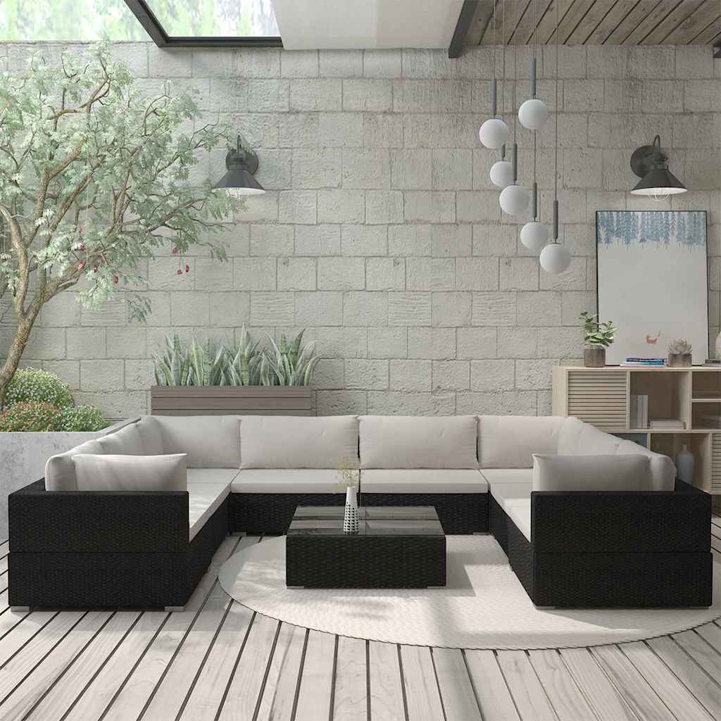 haveloungesæt 9 dele med hynder polyrattan sort