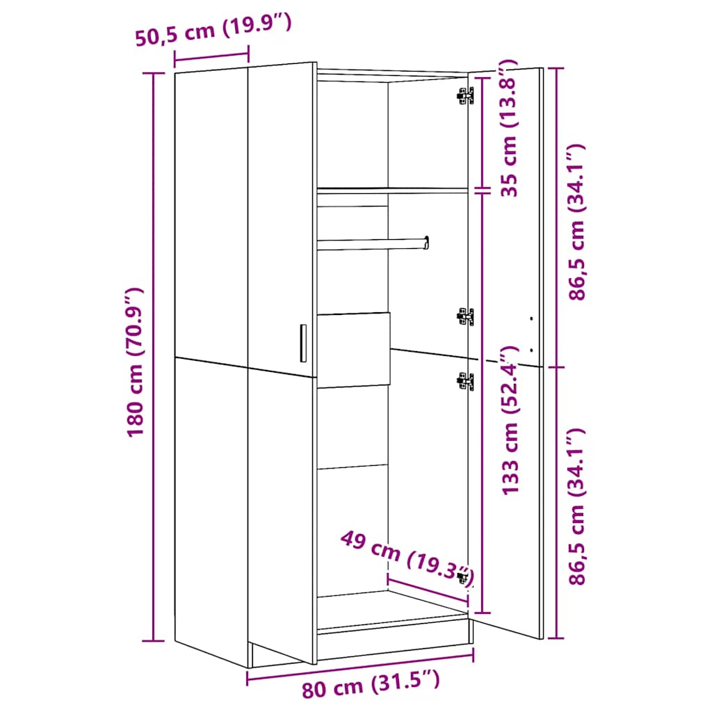 klædeskab 80x52x180 cm konstrueret træ hvid