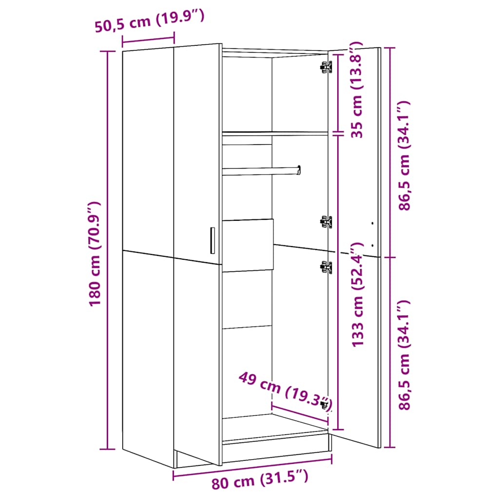 klædeskab 80x52x180 cm konstrueret træ betongrå