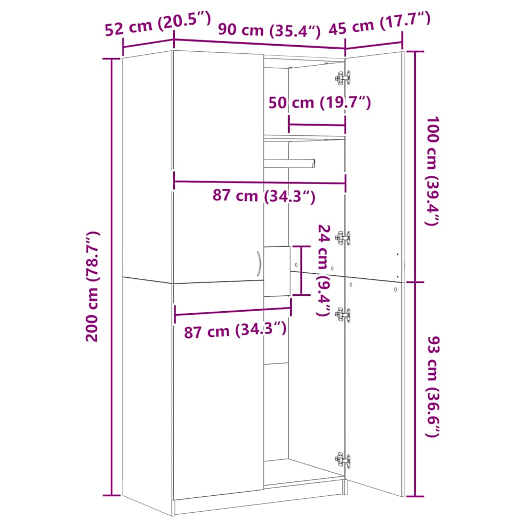 klædeskab 90x52x200 cm konstrueret træ hvid