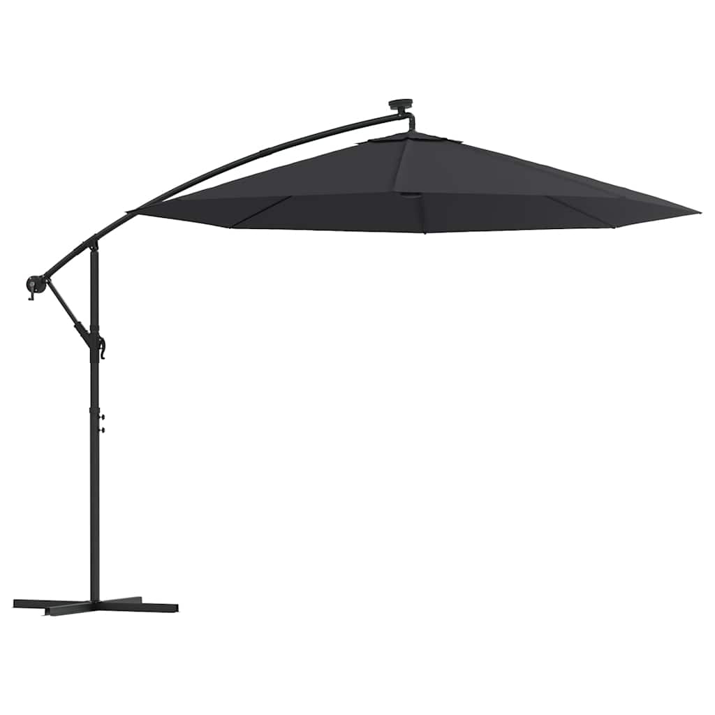 hængeparasol m. LED-lys og stålstang 300 cm sort