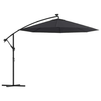 hængeparasol m. LED-lys og stålstang 300 cm sort