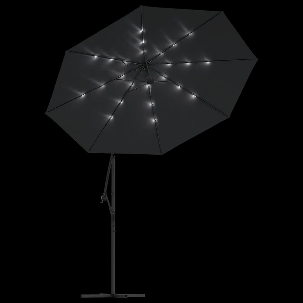 hængeparasol m. LED-lys og stålstang 300 cm sort