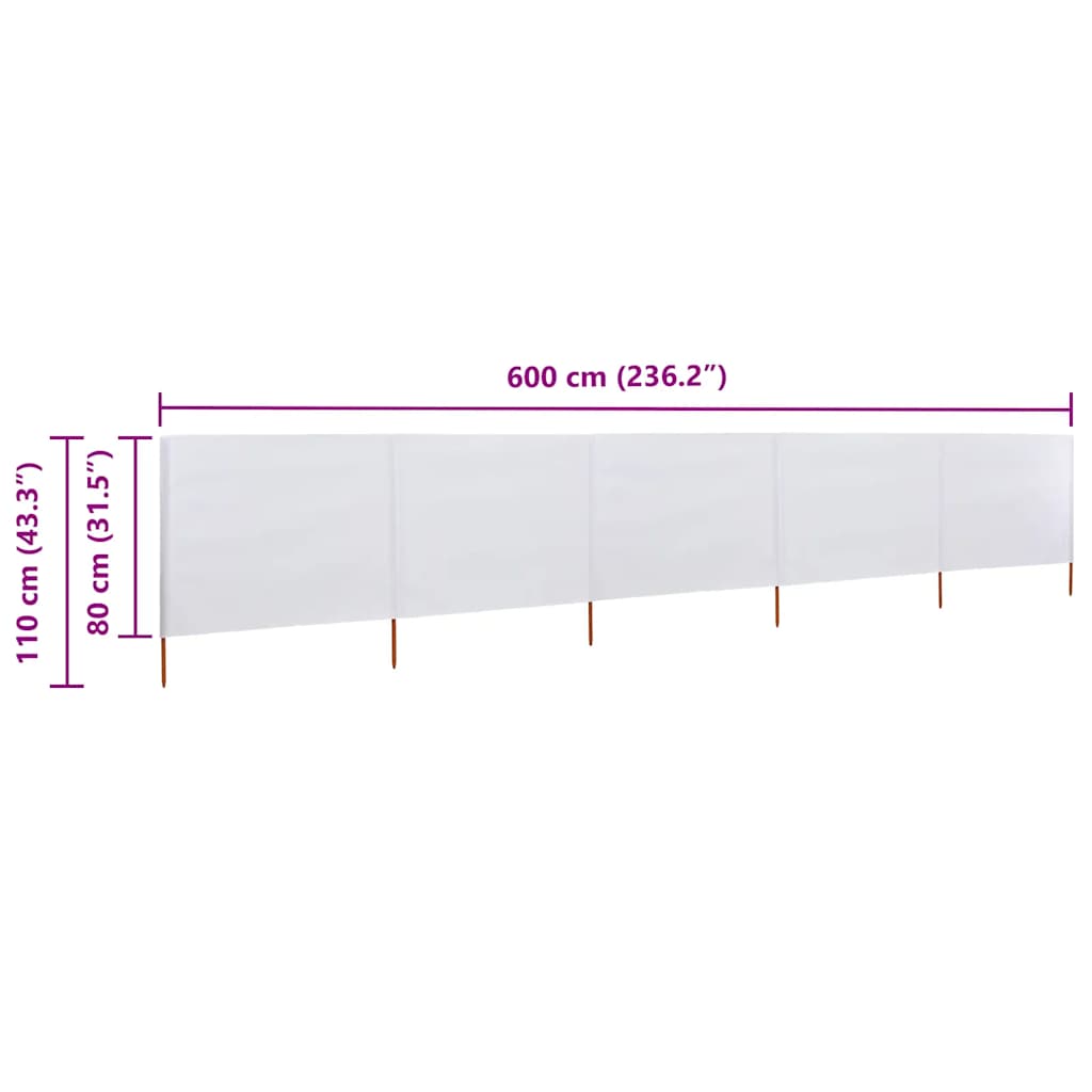 5-panels læsejl 600x80 cm stof sandhvid