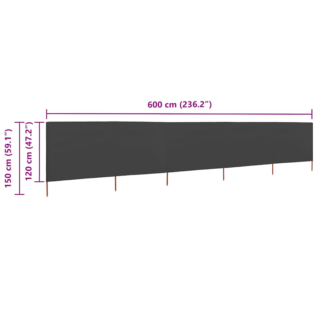 5-panels læsejl 600x120 cm stof antracitgrå