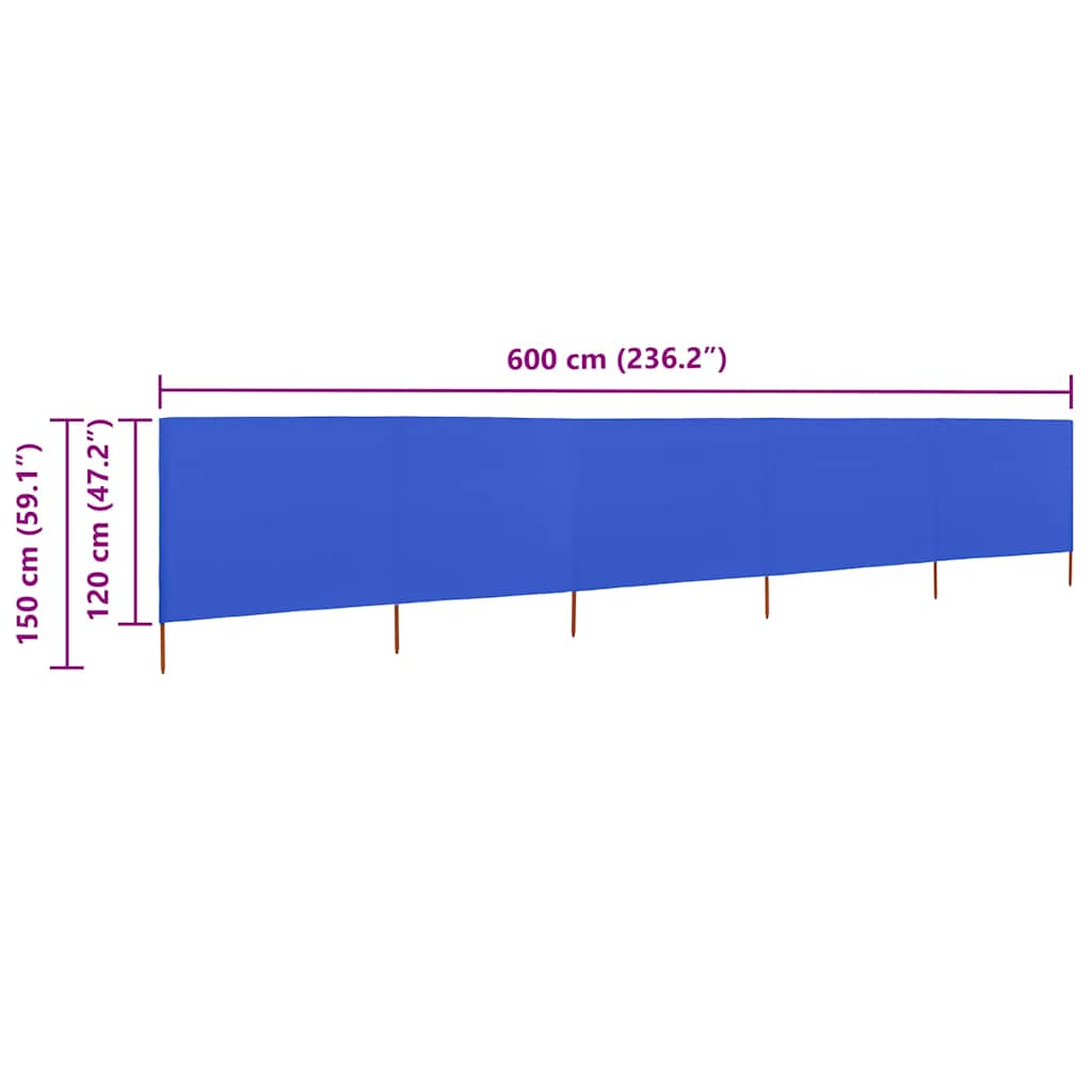 5-panels læsejl 600x120 cm stof azurblå