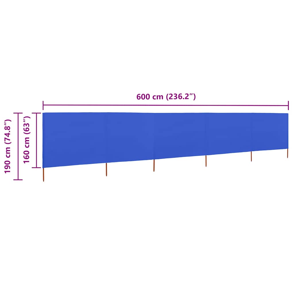 5-panels læsejl 600x160 cm stof azurblå