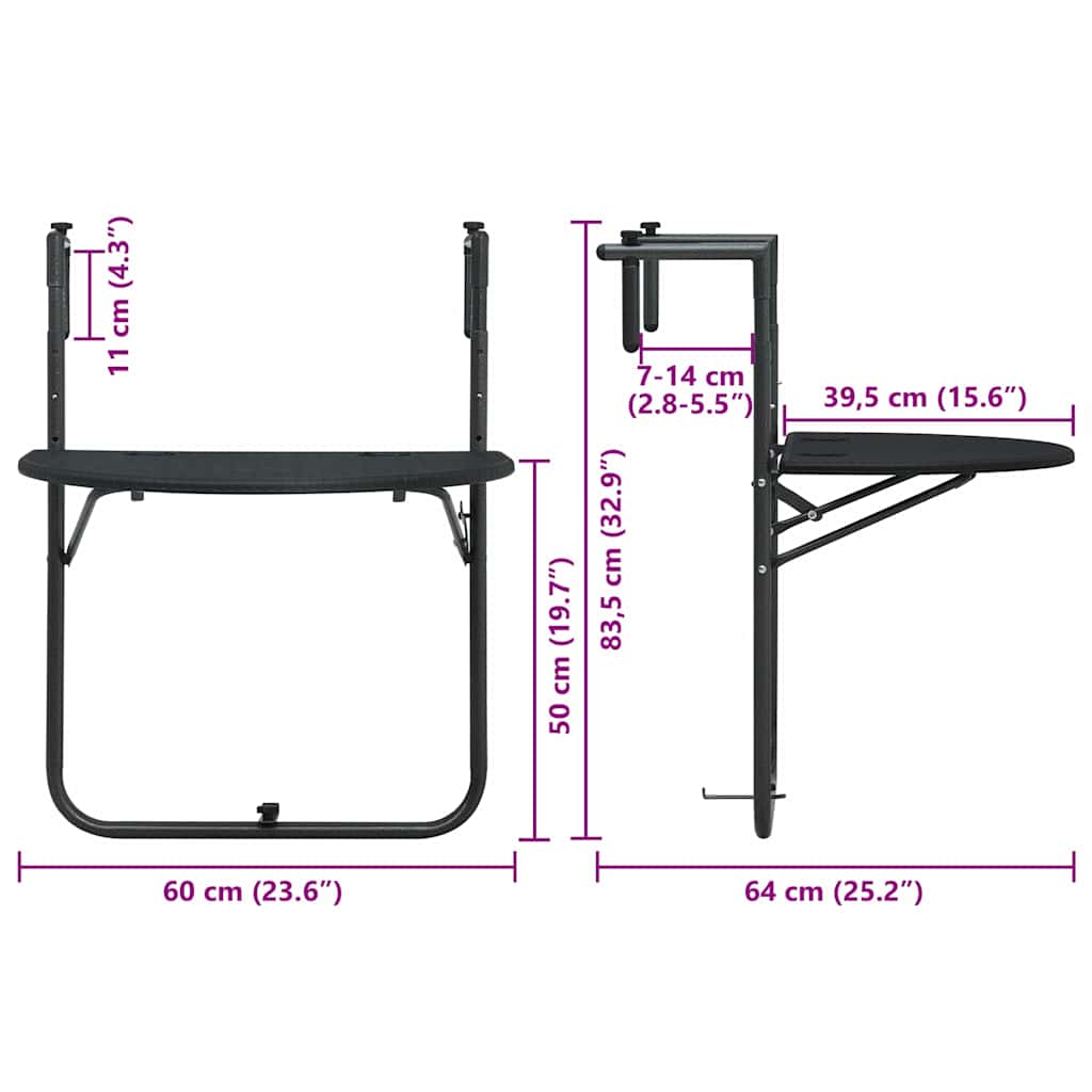 hængende altanbord 60 x 64 x 83,5 cm plastik rattanlook sort