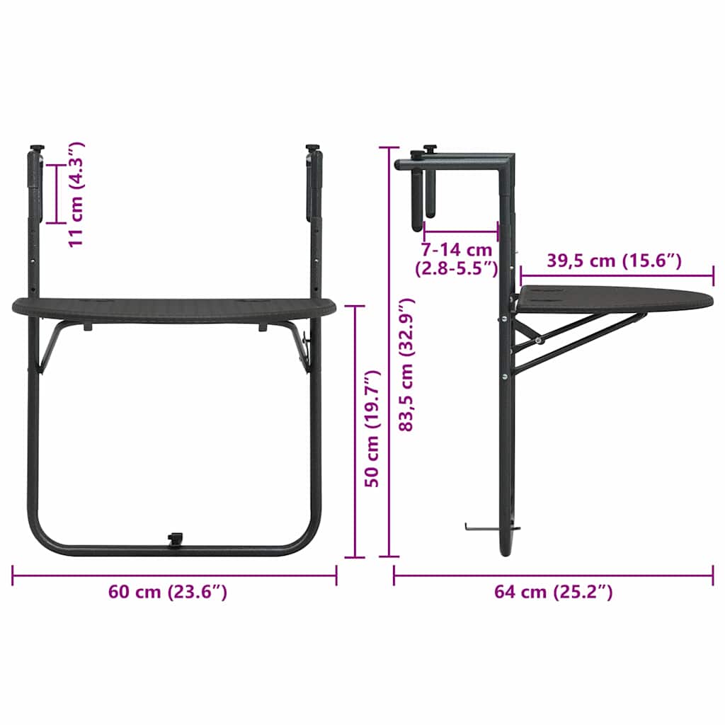 hængende altanbord 60 x 64 x 83,5 cm plastik rattanlook brun