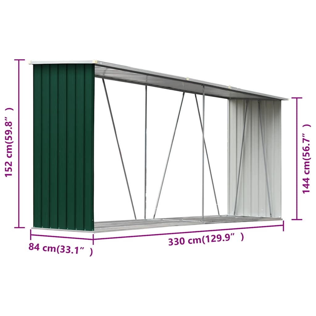 brændeskur til haven 330x84x152 cm galvaniseret stål grøn