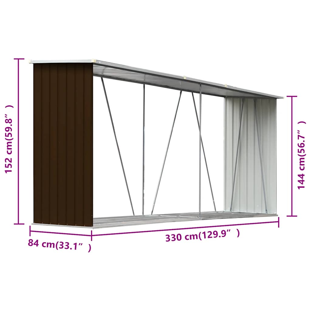 brændeskur til haven 330x84x152 cm galvaniseret stål brun