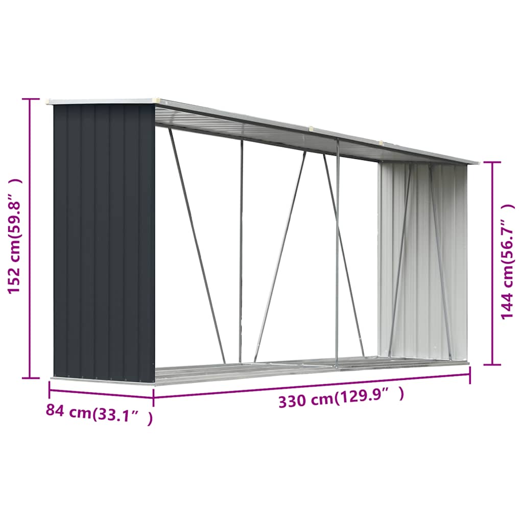 brændeskur til haven 330x84x152 cm galvaniseret stål antracitgrå