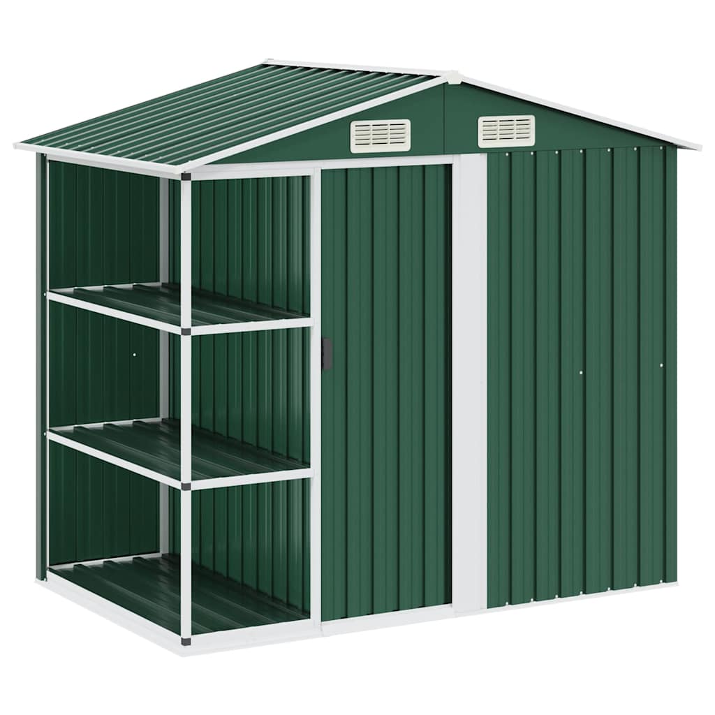 haveskur med reol 205x130x183 cm jern grøn