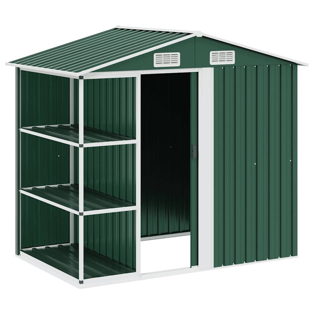 haveskur med reol 205x130x183 cm jern grøn