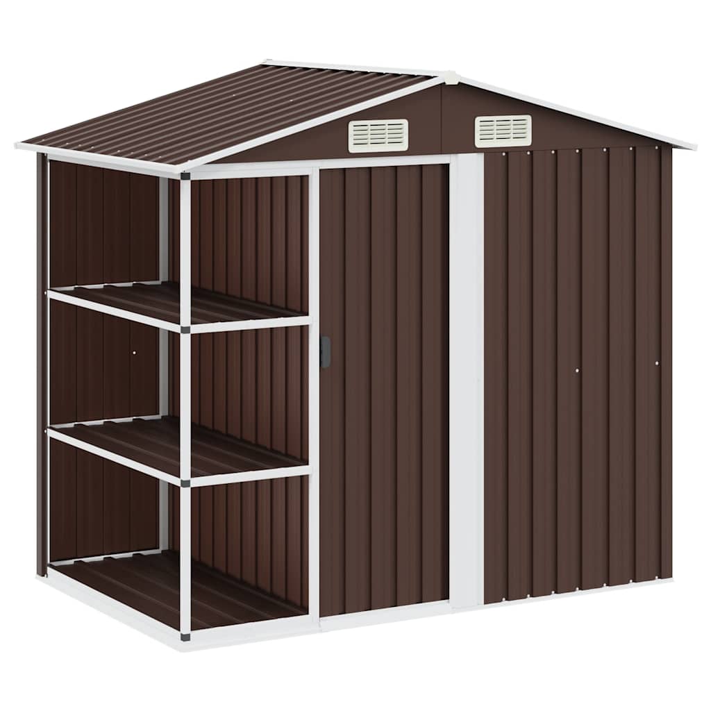 haveskur med reol 205x130x183 cm jern brun