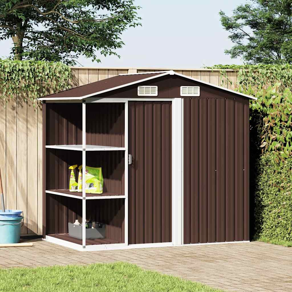 haveskur med reol 205x130x183 cm jern brun