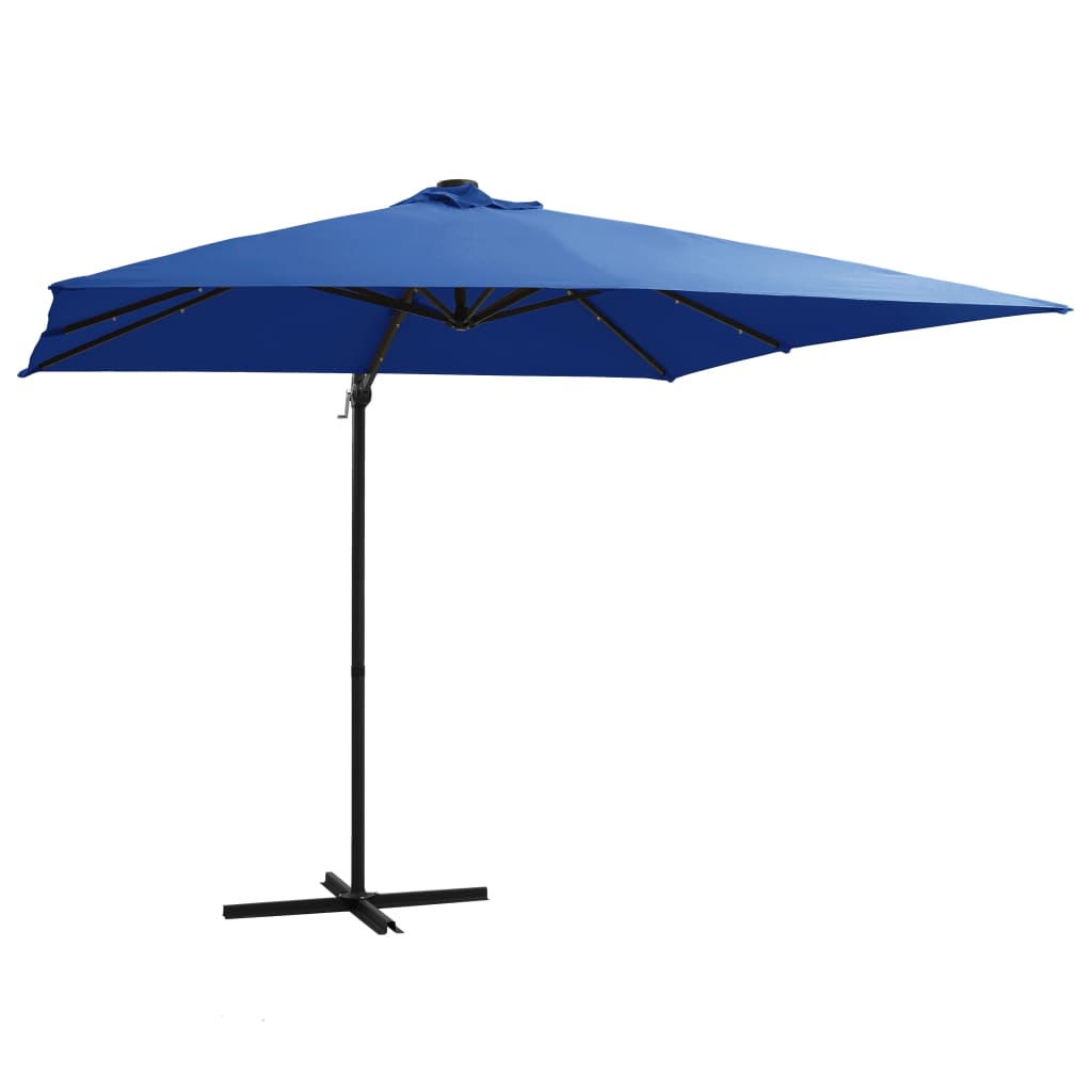 hængeparasol med LED-lys og stålstang 250x250 cm azurblå