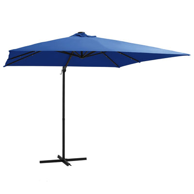 hængeparasol med LED-lys og stålstang 250x250 cm azurblå
