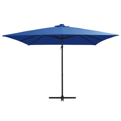 hængeparasol med LED-lys og stålstang 250x250 cm azurblå