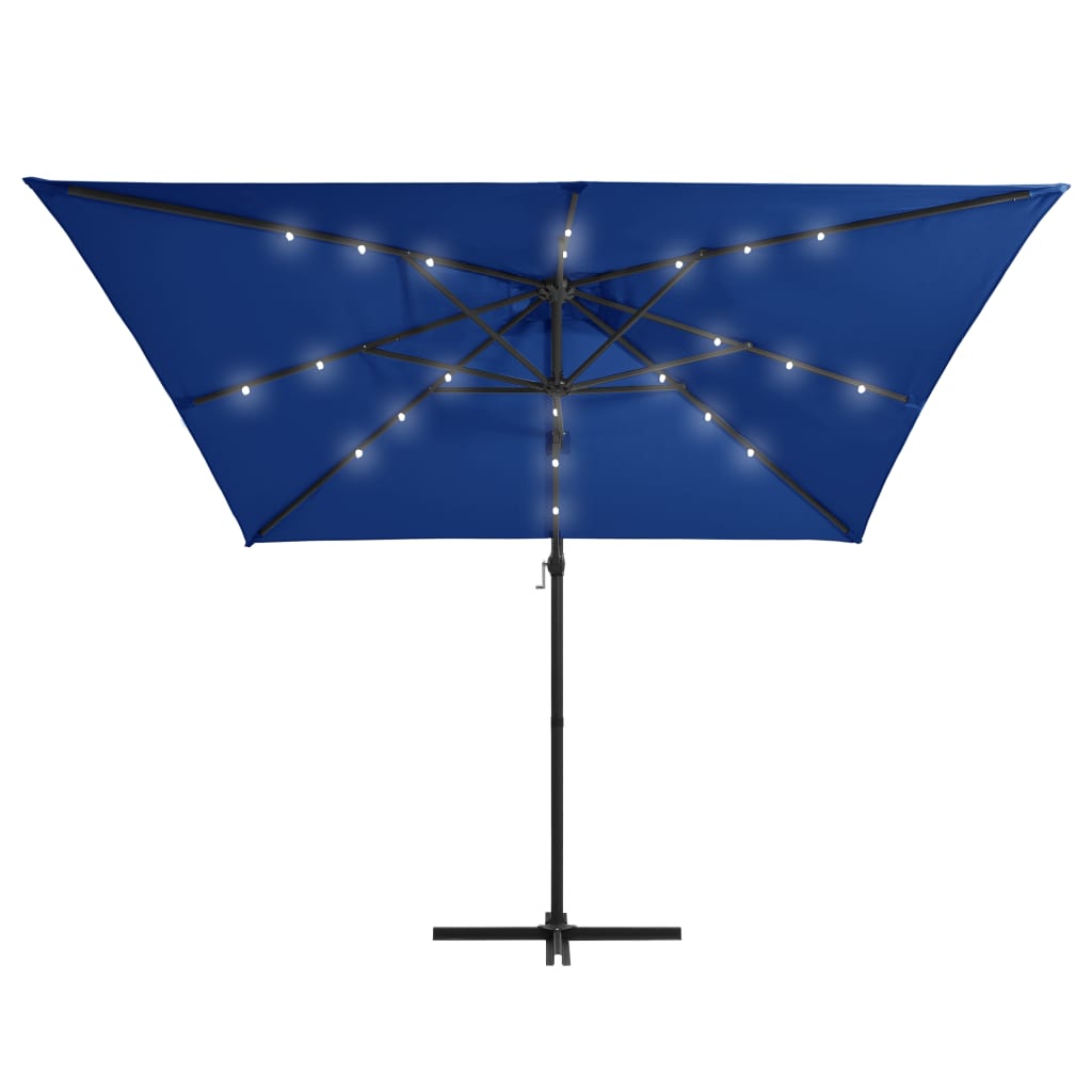 hængeparasol med LED-lys og stålstang 250x250 cm azurblå